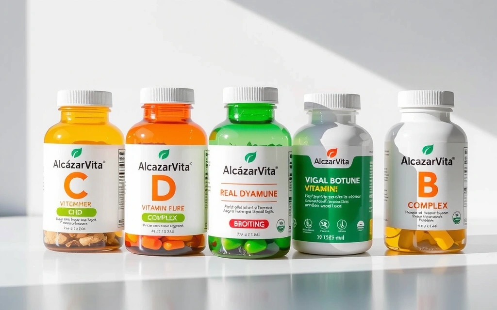 Variedad de vitaminas de AlcázarVita en envases elegantes